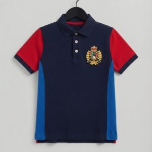 Boys Navy Colorblock Polo Shirt - Red Sleeves & Royal Crest Patch